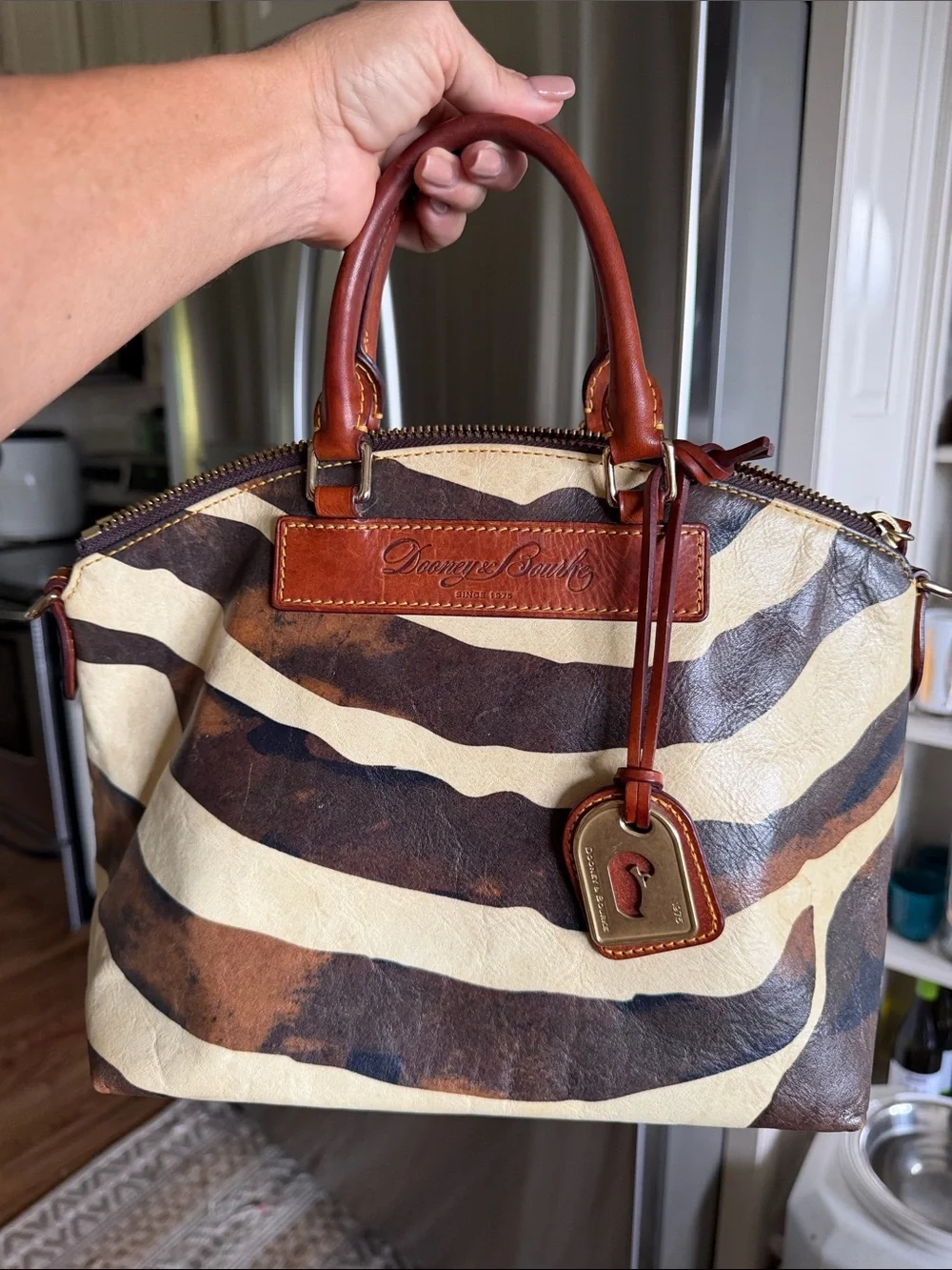 Authentic Dooney & Bourke Brown Cream Zebra-Print Leather Satchel